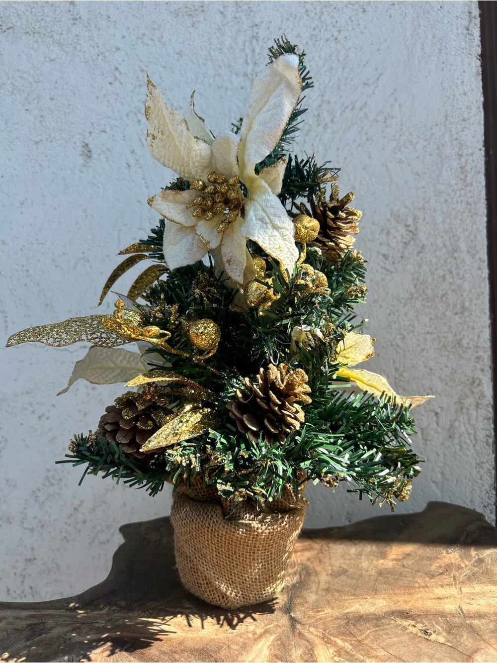 Festive Mini Holiday Tree with Gold Accents White  Poinsettias